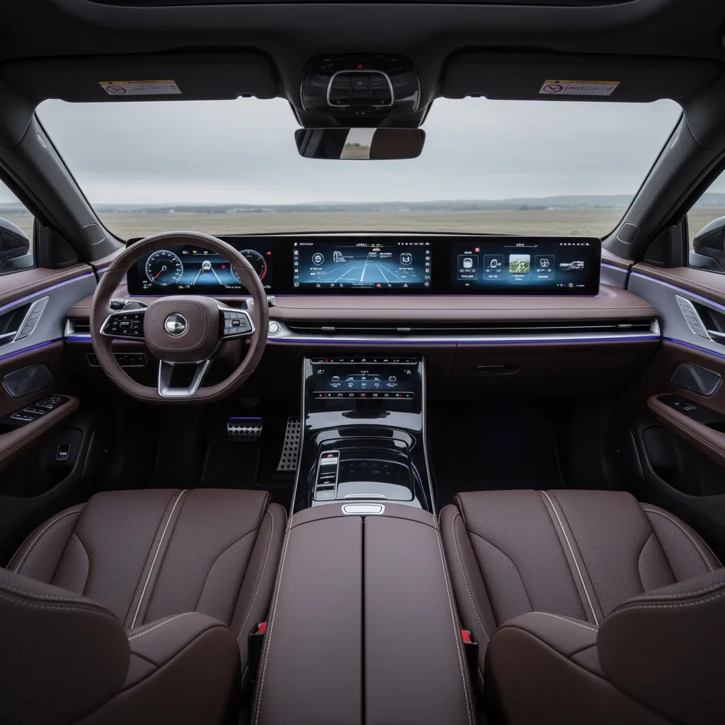 Modern car interior with brown leather seats and wide digital dashboard screen for steering wheel