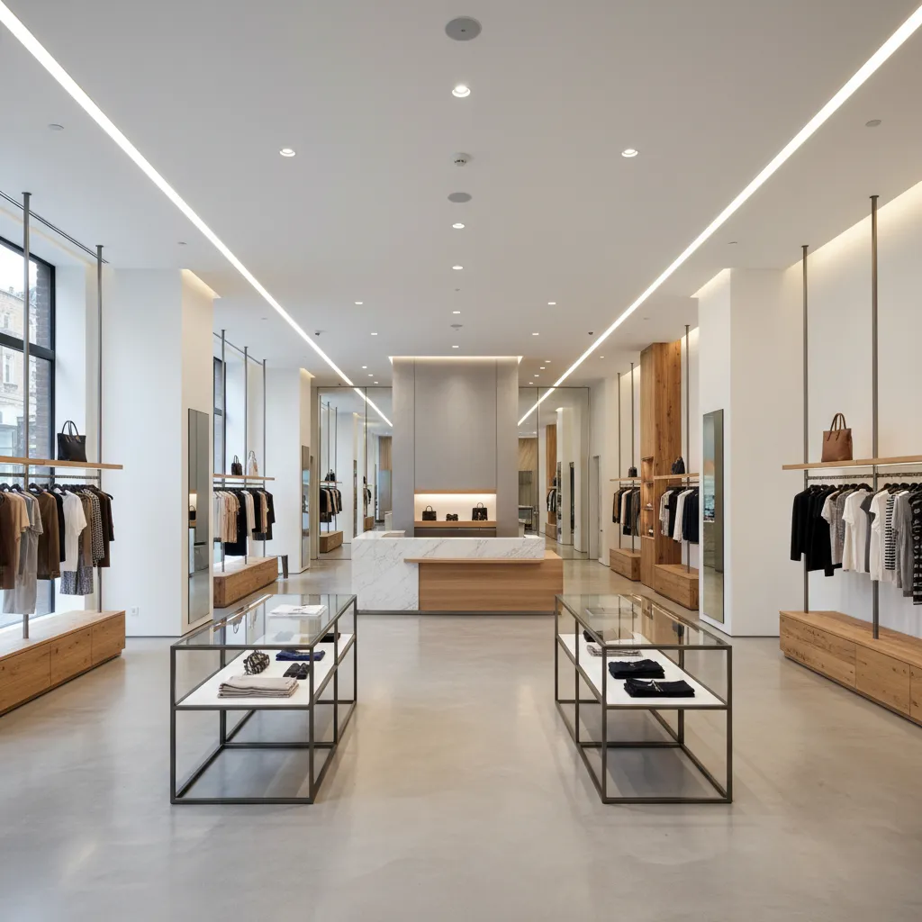 Modern clothing store with white walls wooden cabinets hanging clothes and bright minimalist ceiling lights