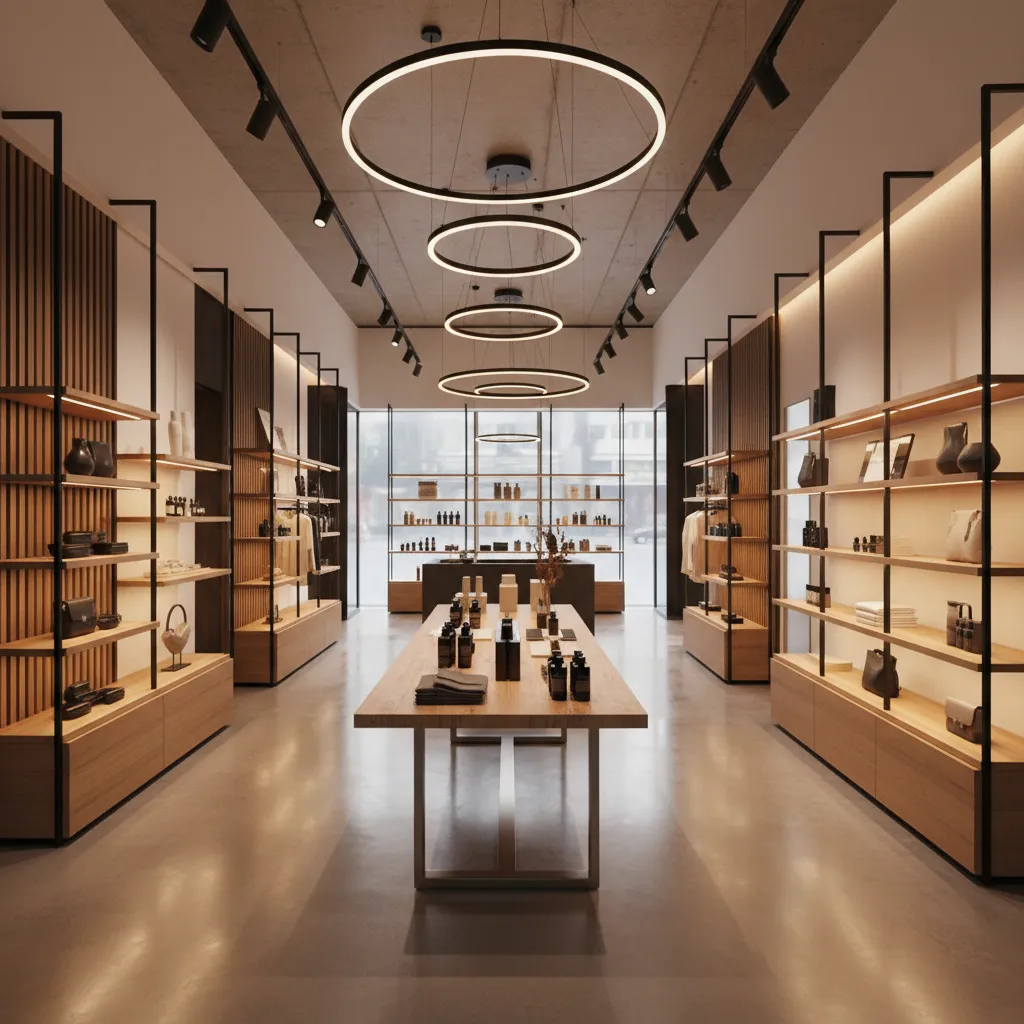 Symmetrical store layout with circular ceiling lights, central wooden table, and lit shelves displaying products