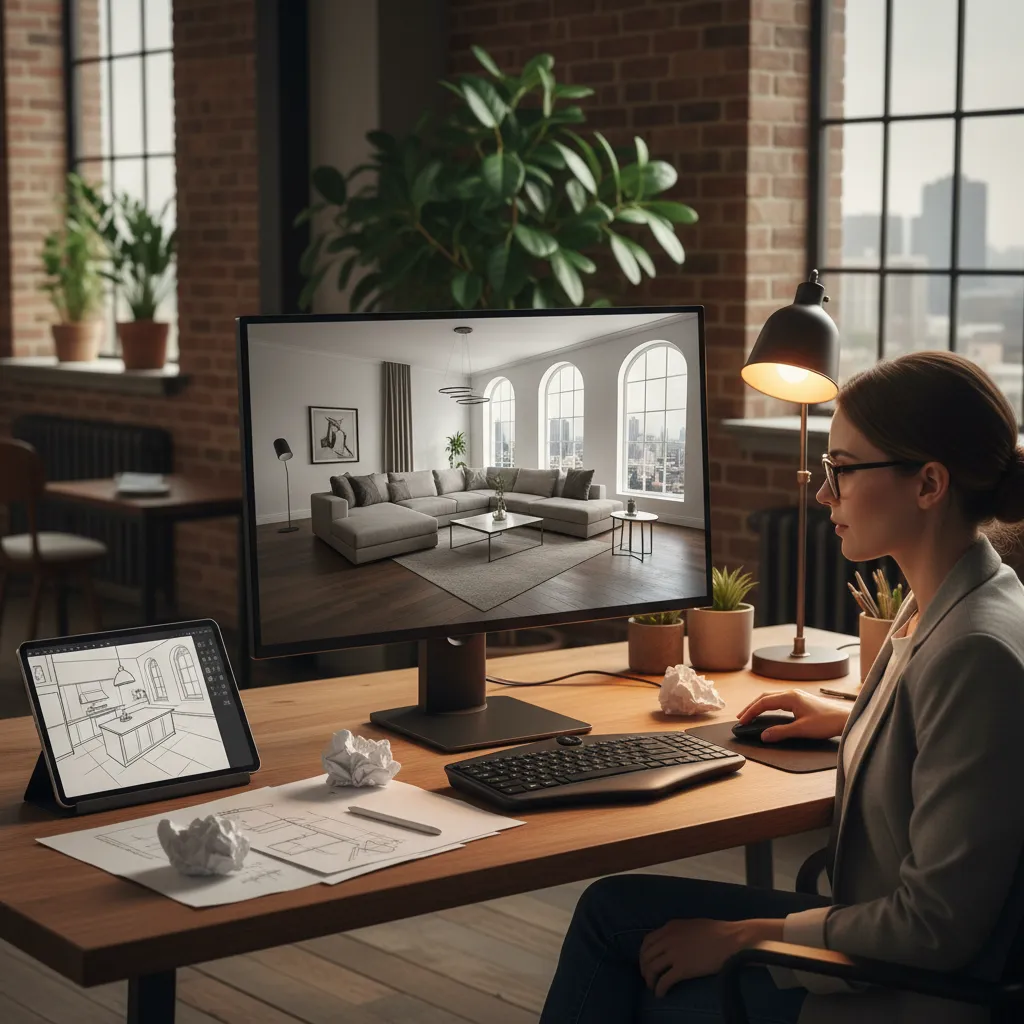 Diseñador usando software para crear interiores de casa
