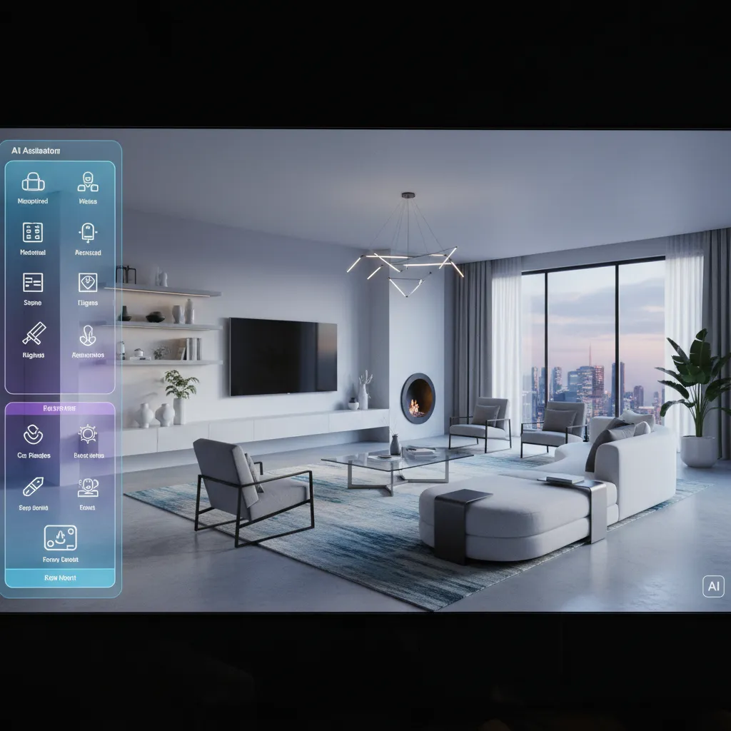 Interior design drawing with AI tool interface showing a modern living room and city view