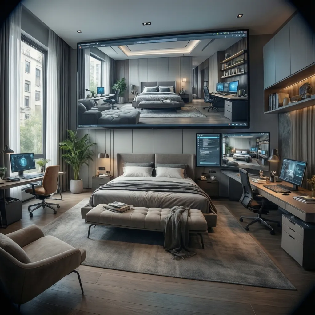Visualización de diseño interior generado digitalmente con estilo moderno