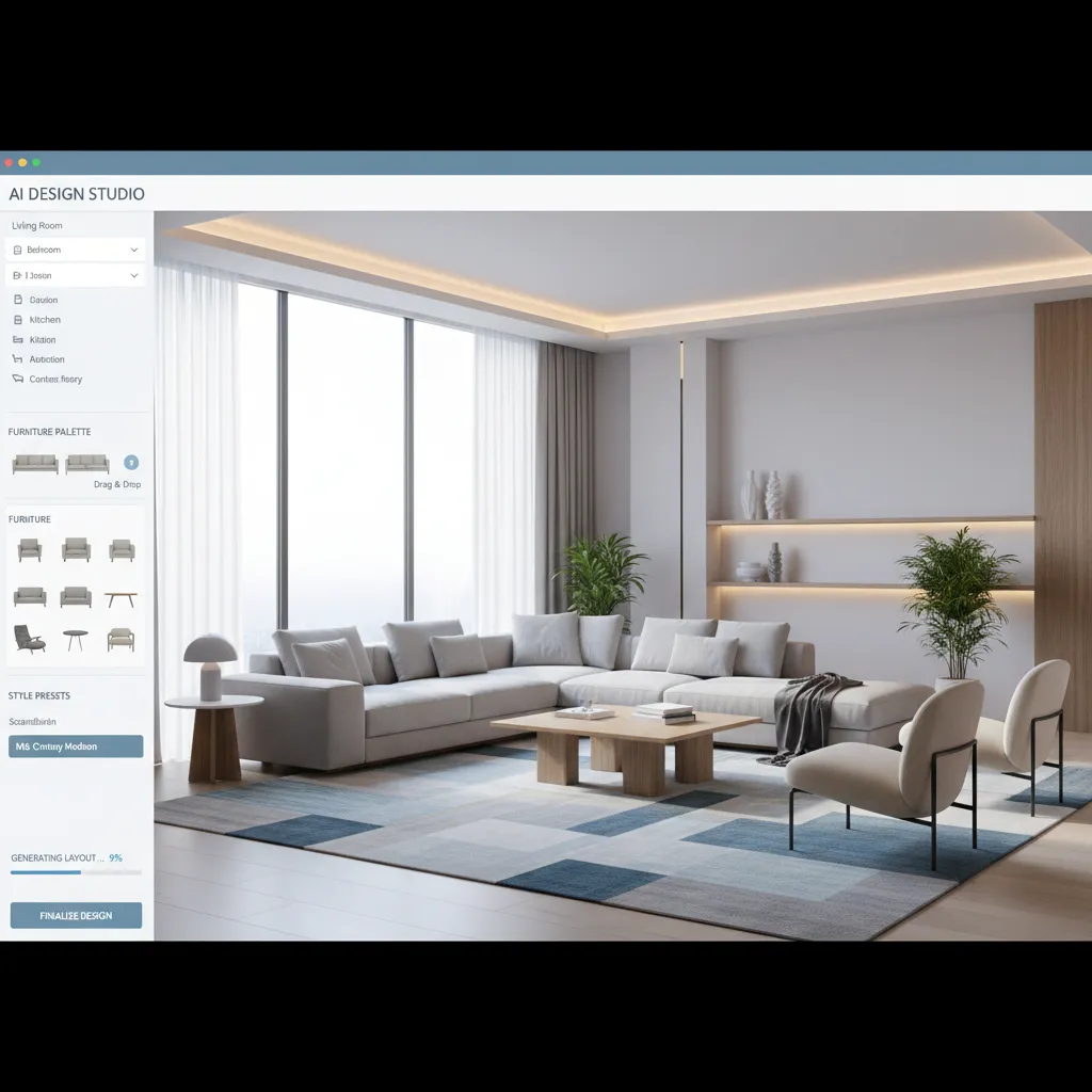 Interfaz digital generando diseño interior automático con inteligencia artificial