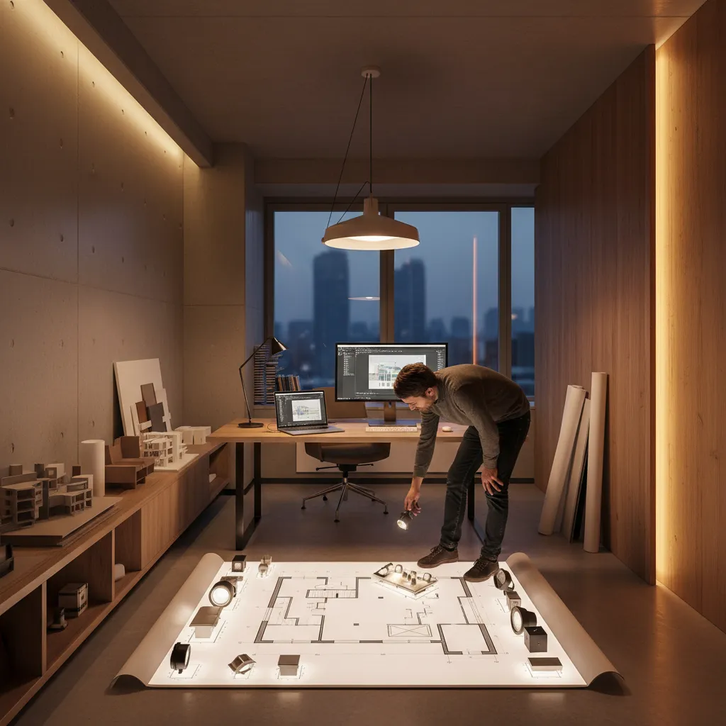 Diseñador planificando iluminación en plano de interior