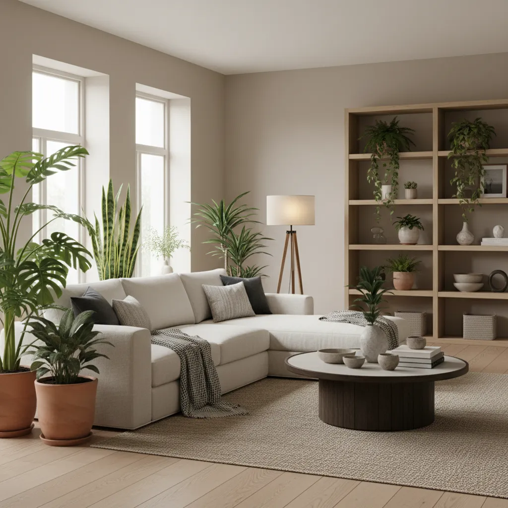 Living room with white corner sofa, wooden shelves, floor lamp, and several green potted plants