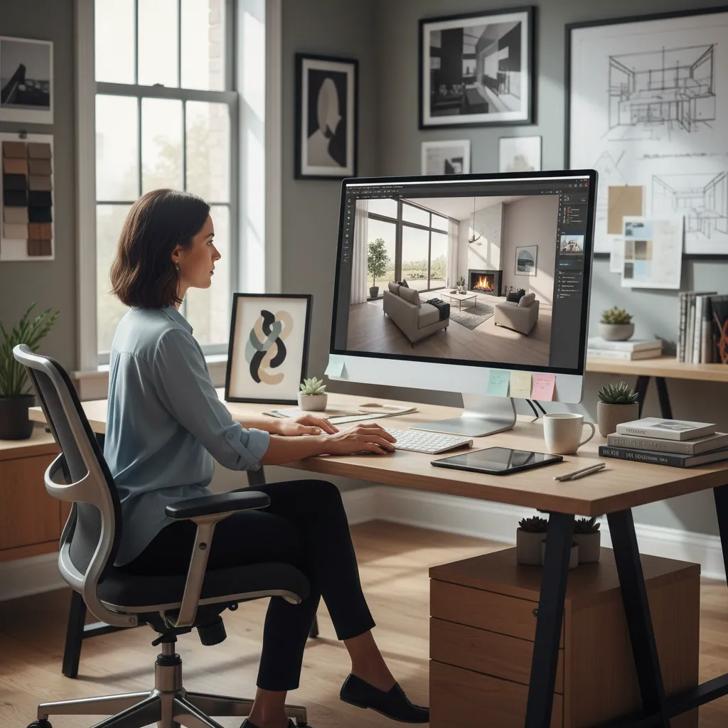 Diseñador utilizando software de diseño interior en ordenador