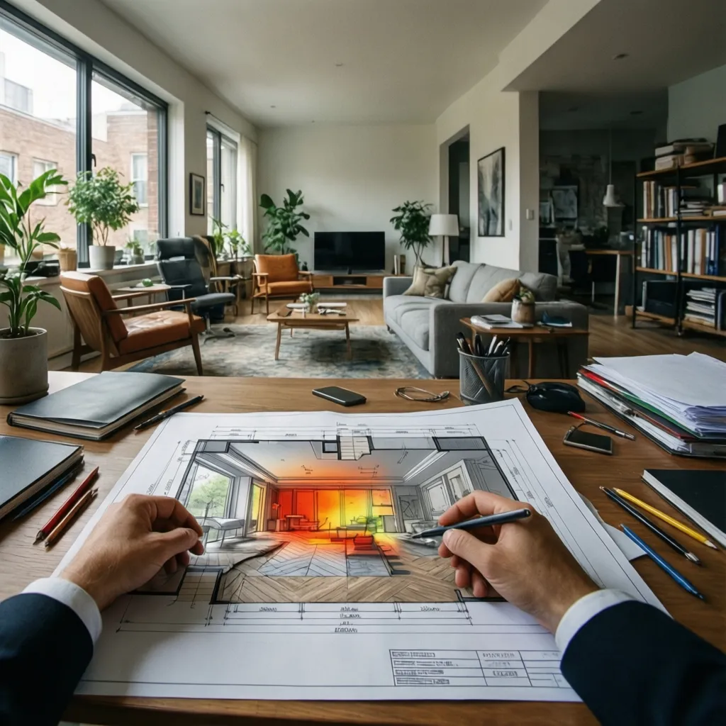 Diseñador revisando plano interior para optimizar confort térmico