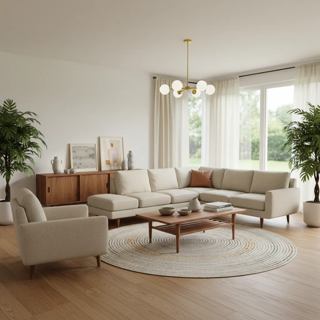 Modern living room with beige sofa wooden coffee table round rug cabinet and ceiling light