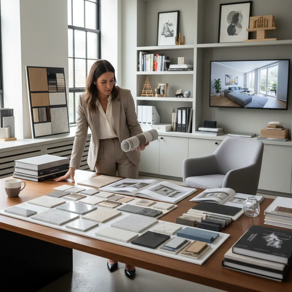 Female interior designer selecting material samples and stone tiles on a large wooden desk space