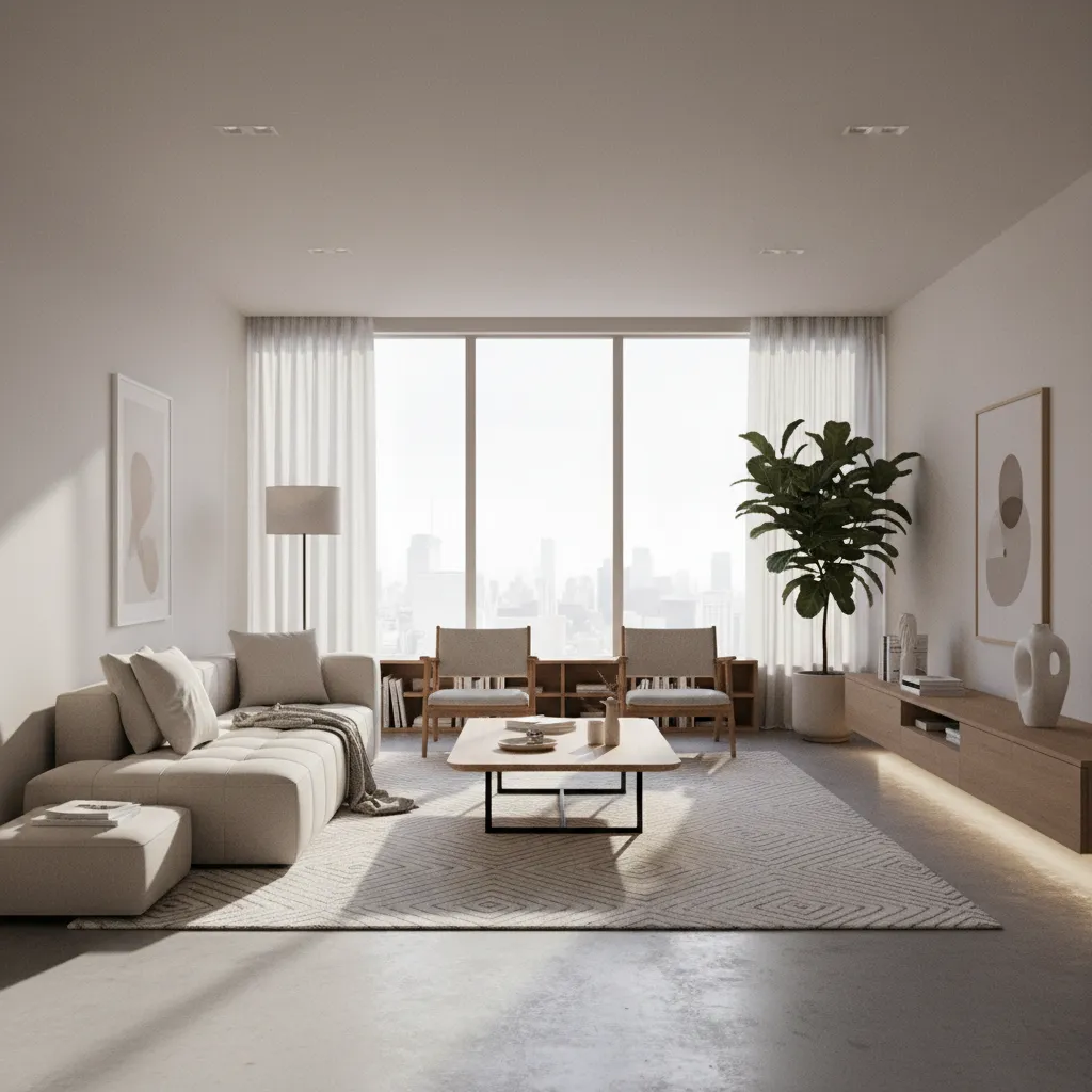 Sala de estar moderna diseñada profesionalmente en un departamento urbano