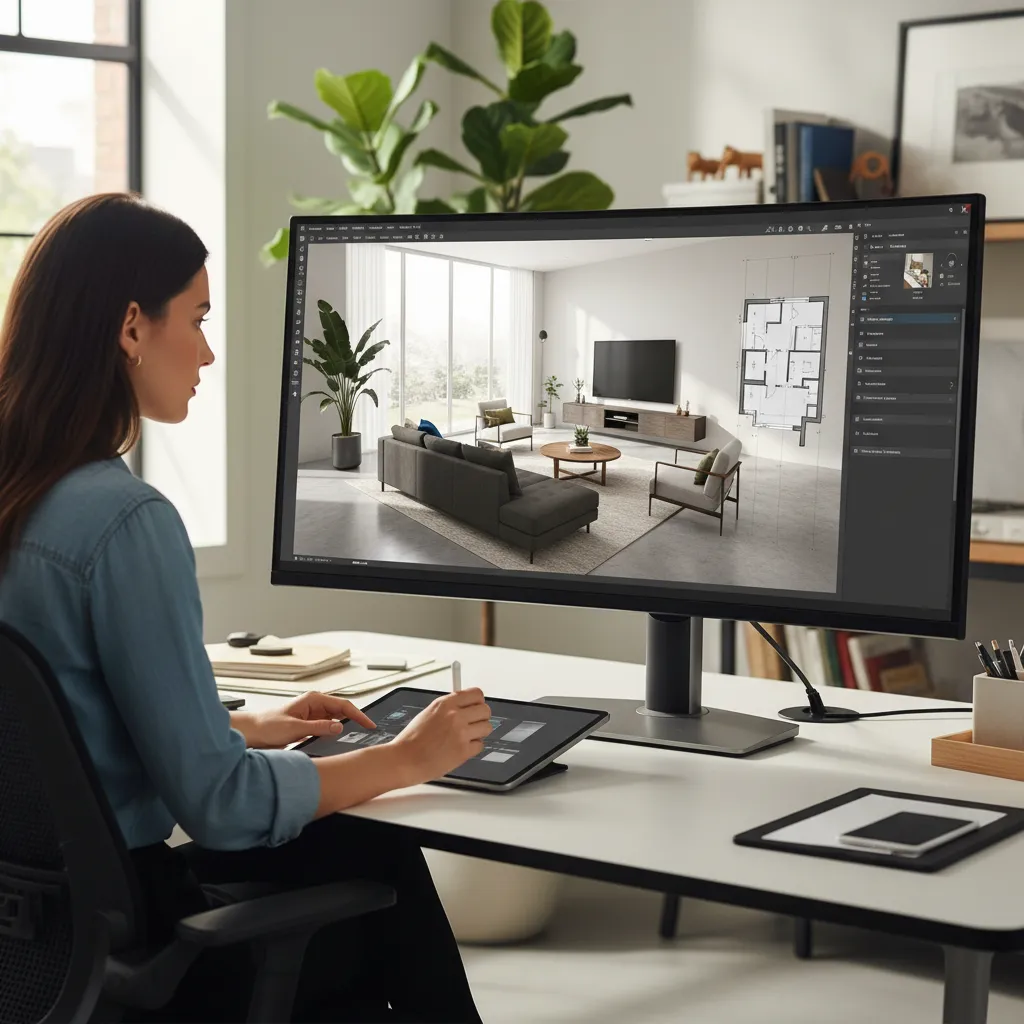 Diseñador creando distribución de muebles sobre plano CAD