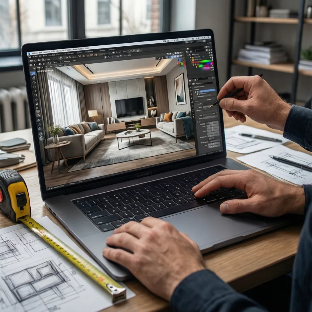 Diseñador ajustando muebles en un software de diseño interior