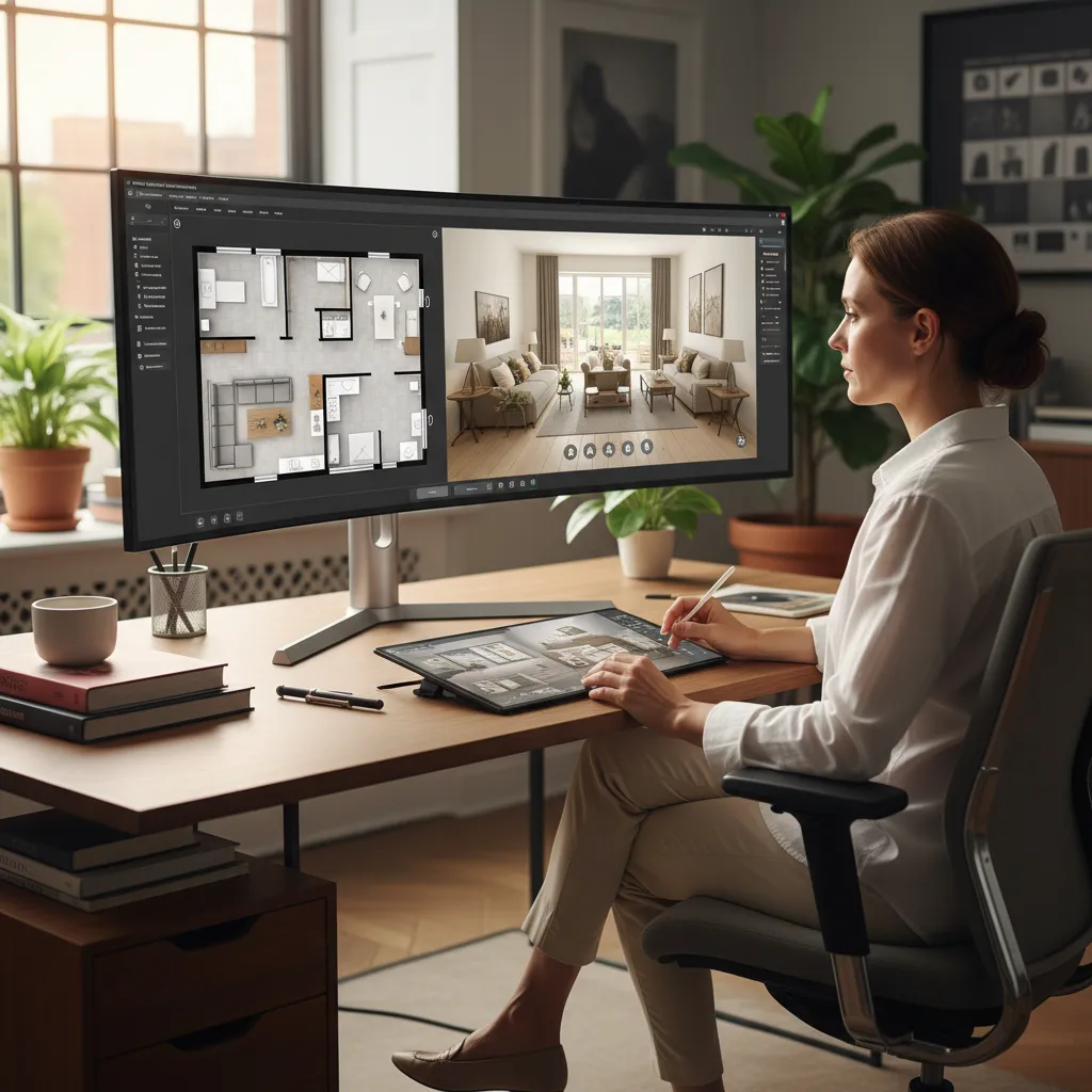 Diseñador probando diferentes configuraciones de mobiliario en un software de interiores