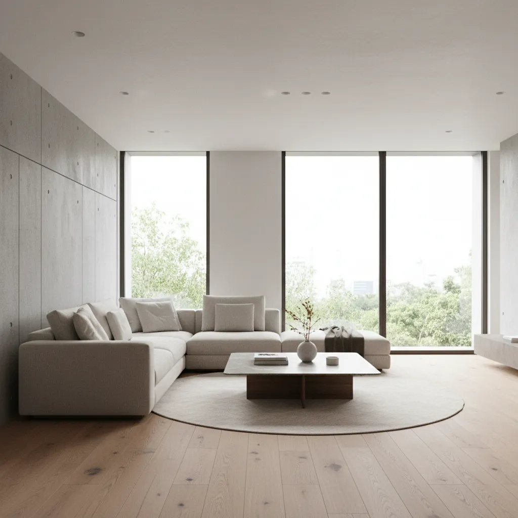 Modern living room with beige sofa round rug coffee table wood floors and large windows