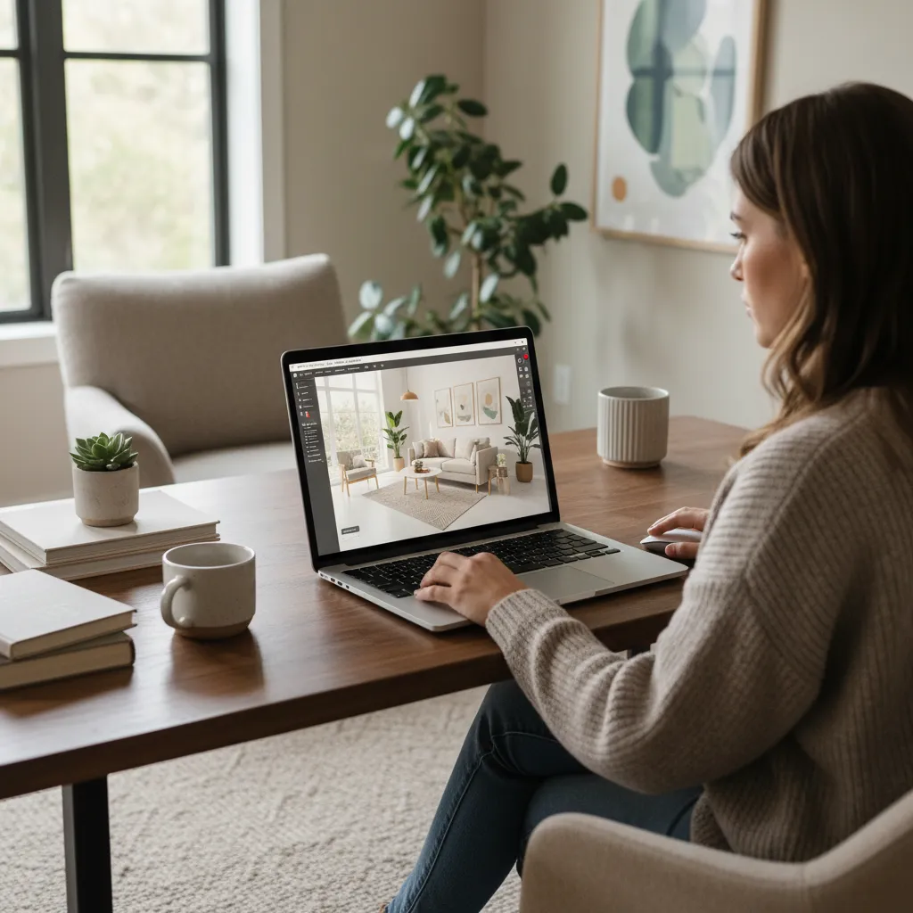Persona ajustando el diseño de una habitación en un simulador en laptop