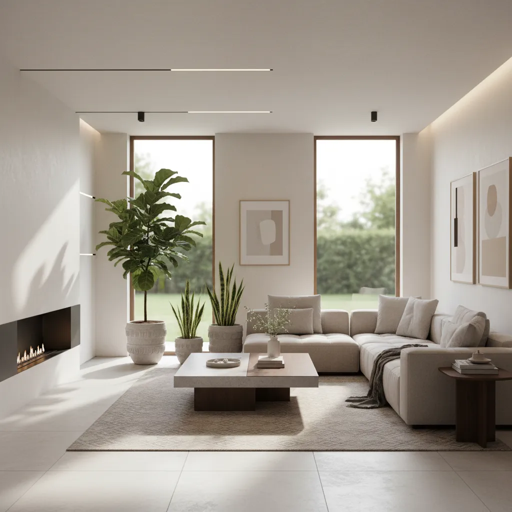 Sala moderna diseñada digitalmente con muebles y decoración equilibrada