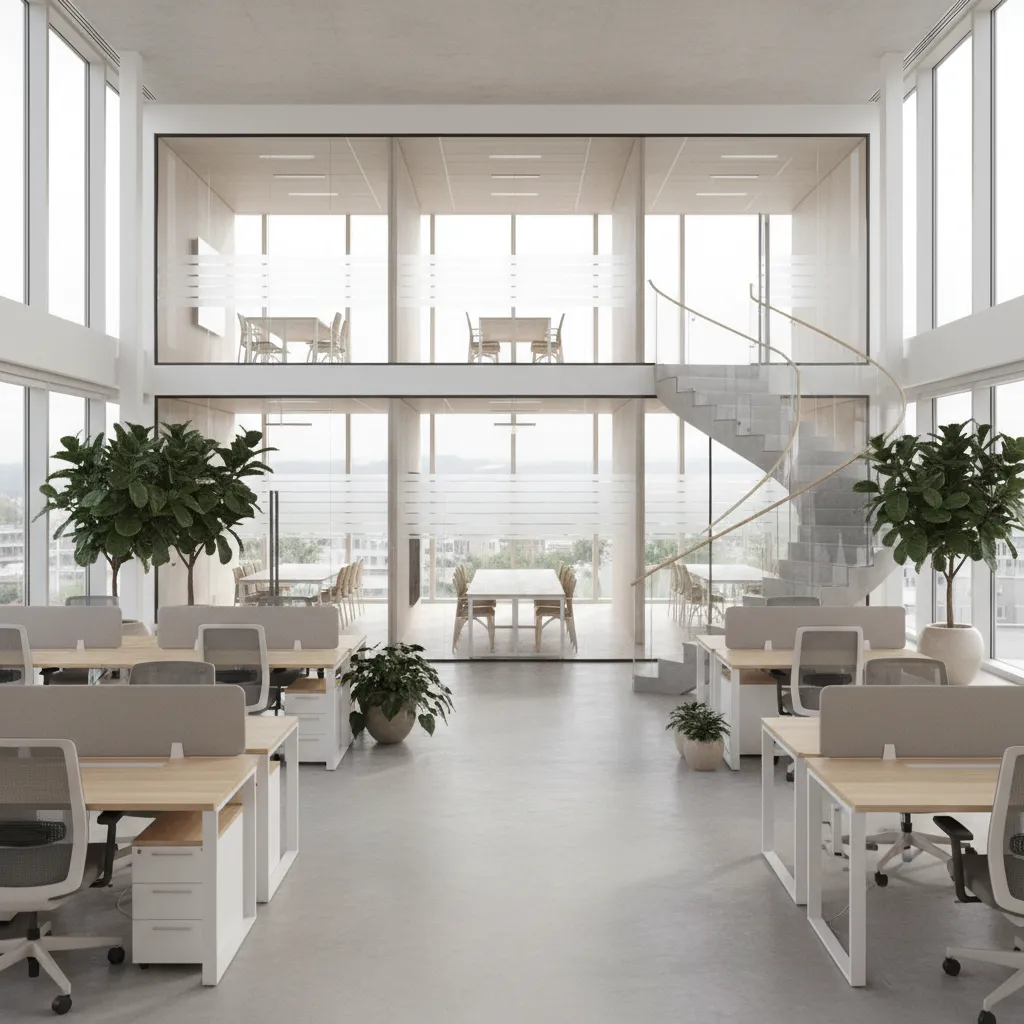 Bright two story office interior with wooden desks glass walls a staircase and indoor plants