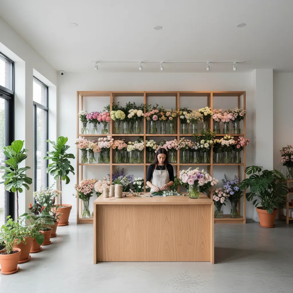 Florist working at a wooden counter in a bright shop with flower shelves and plants