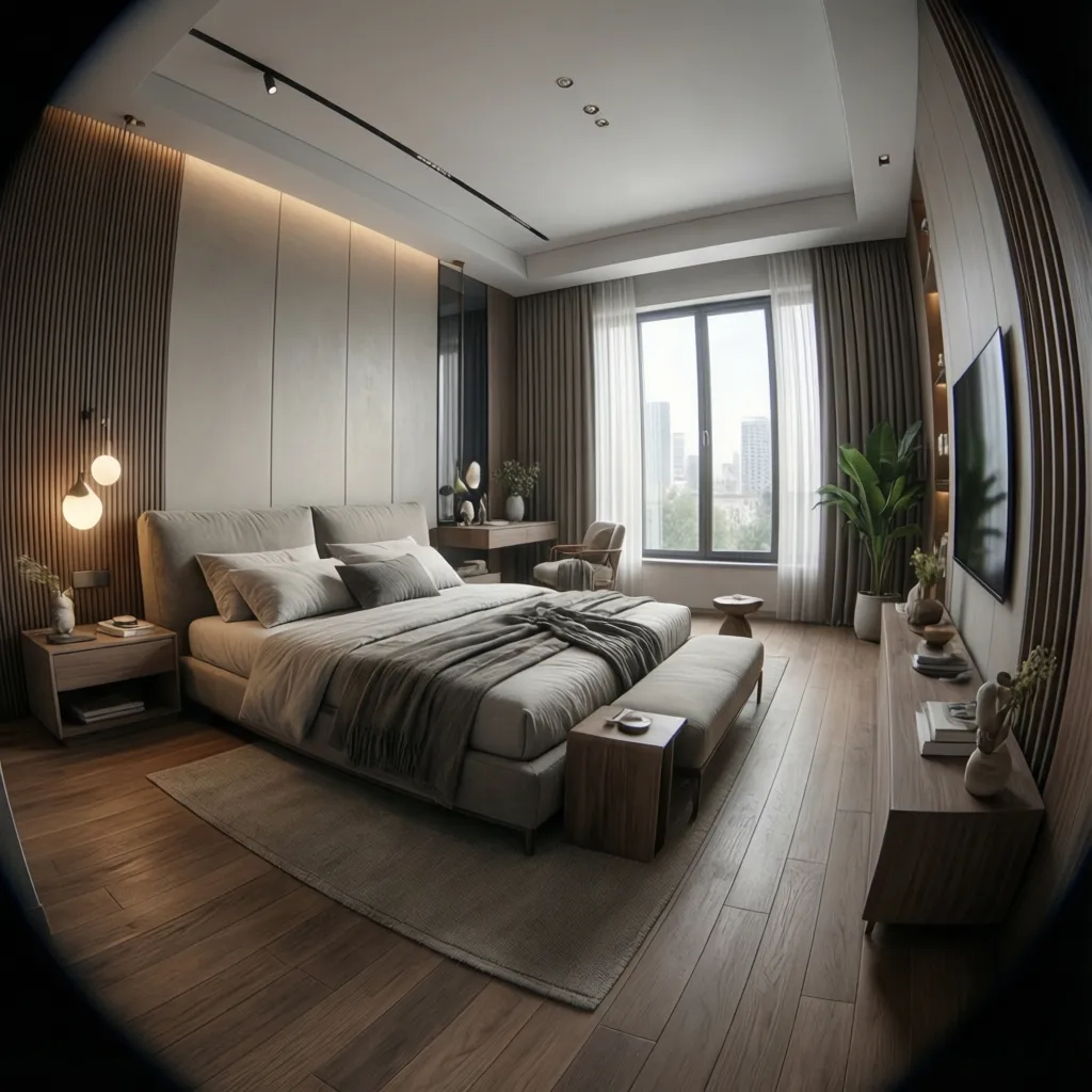Modern bedroom with a large bed wooden wall panel plants window television and grey footrest