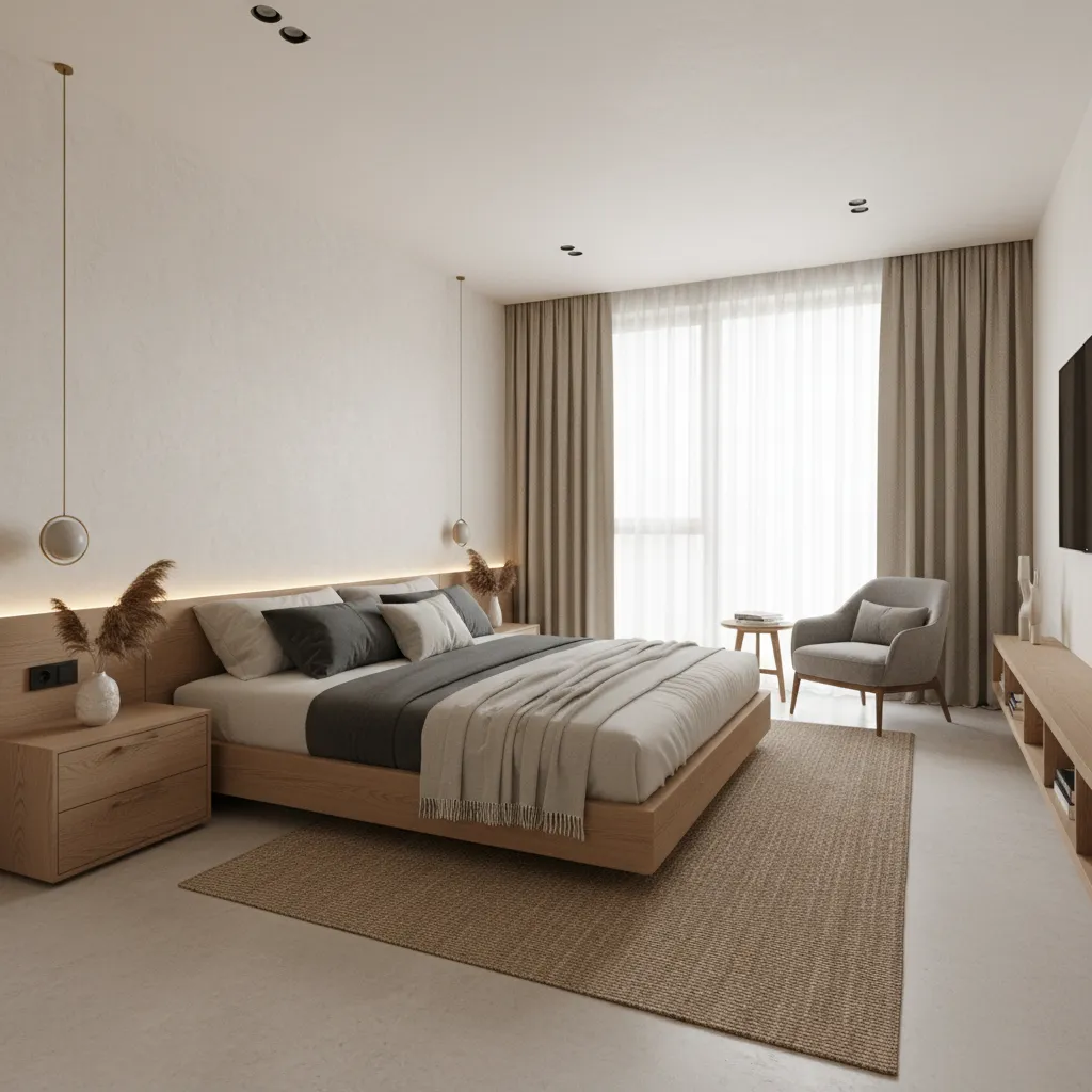Modern bedroom with light wood bed grey armchair neutral curtains large window and minimalist furniture