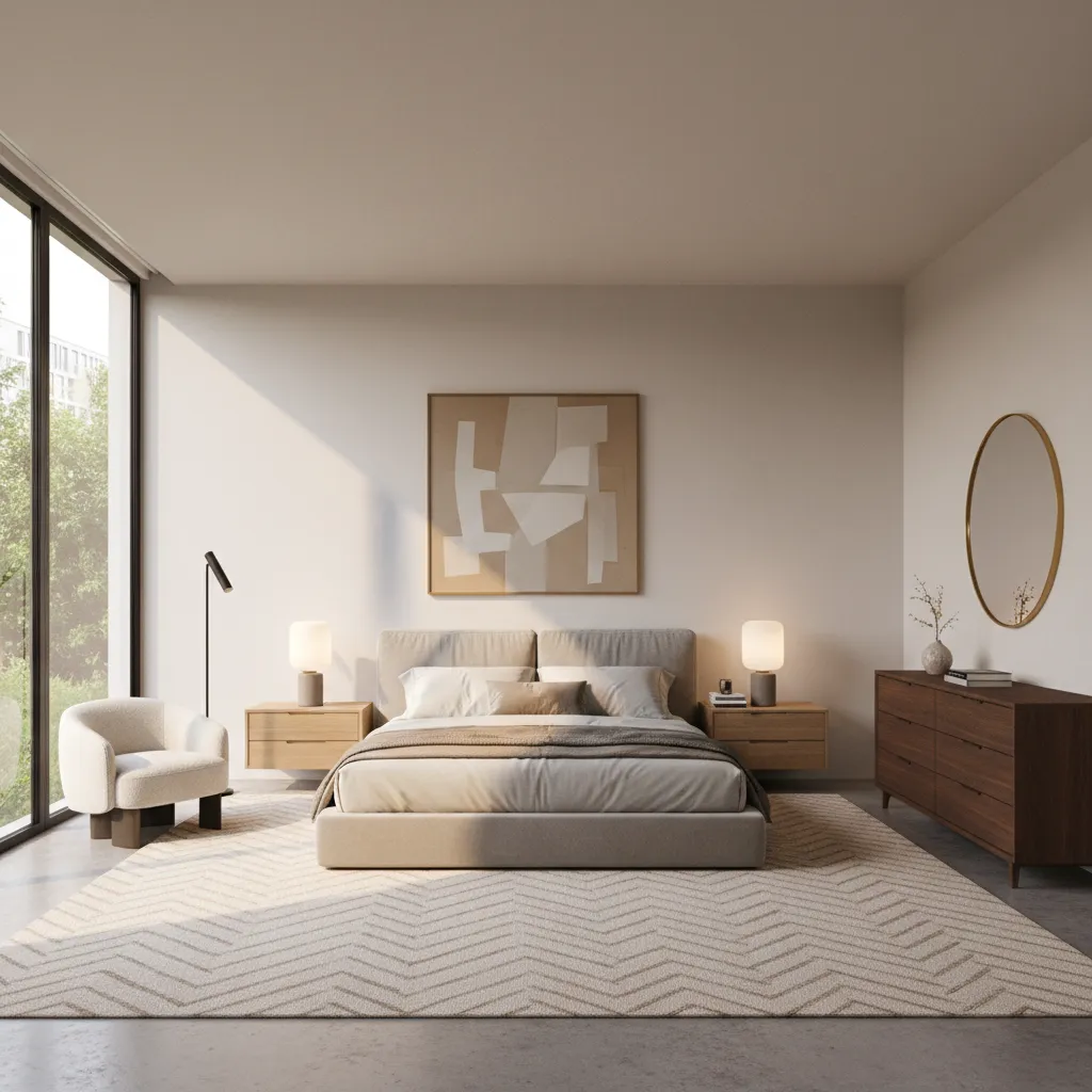 Contemporary bedroom with large window white chair beige bed wall art wood cabinet round mirror