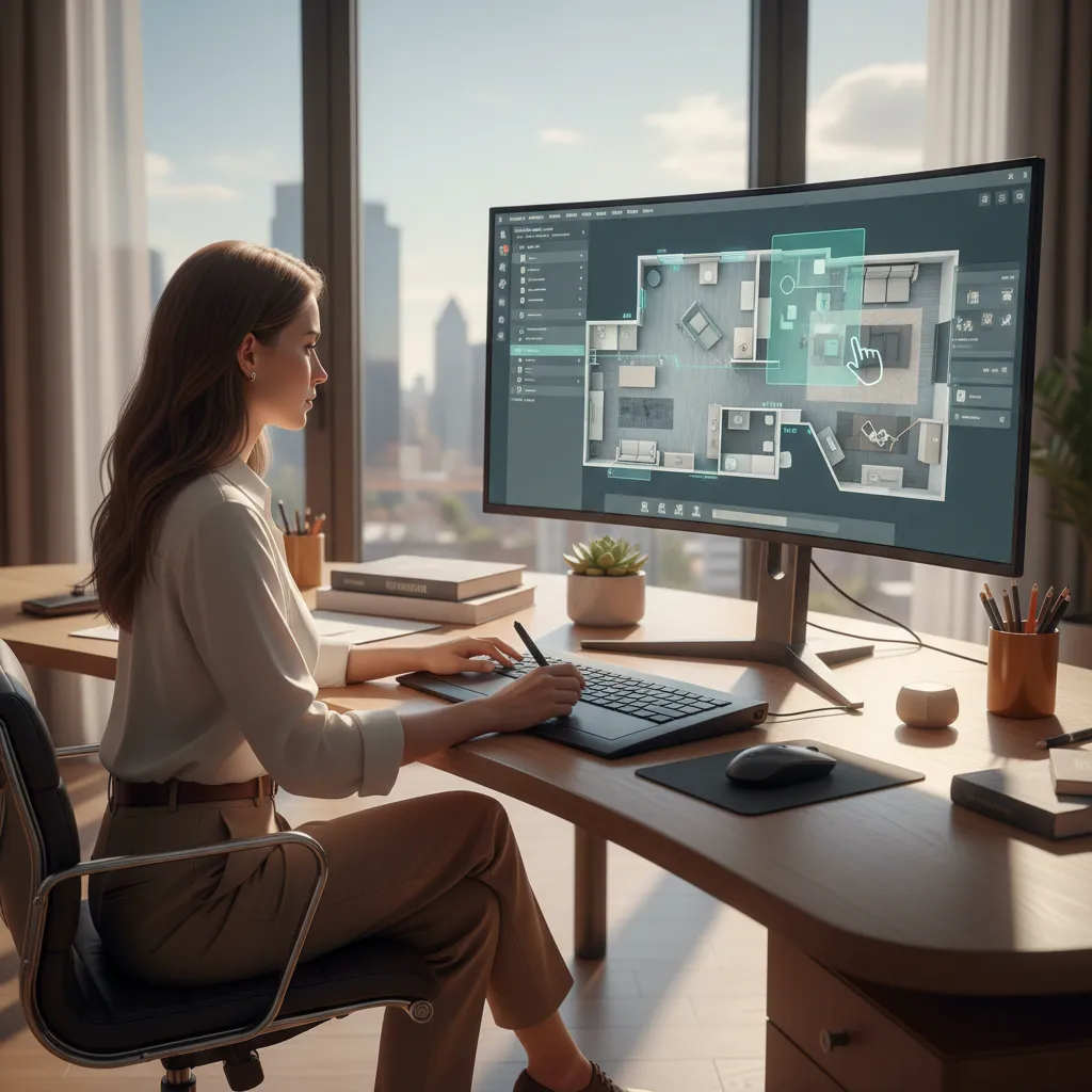 Diseñador ajustando la distribución de una habitación en ordenador