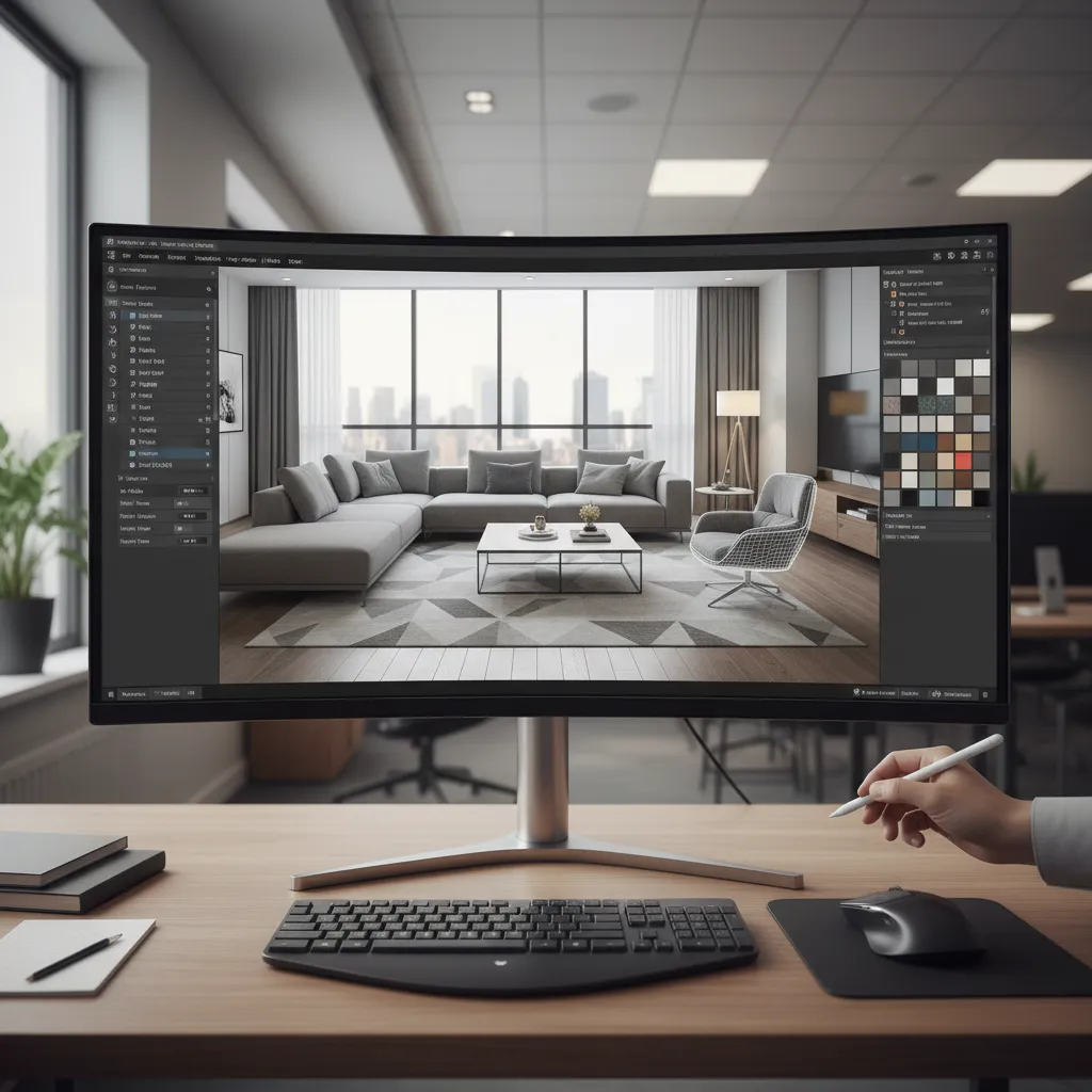 Interfaz de software mostrando diseño de interior en 3D