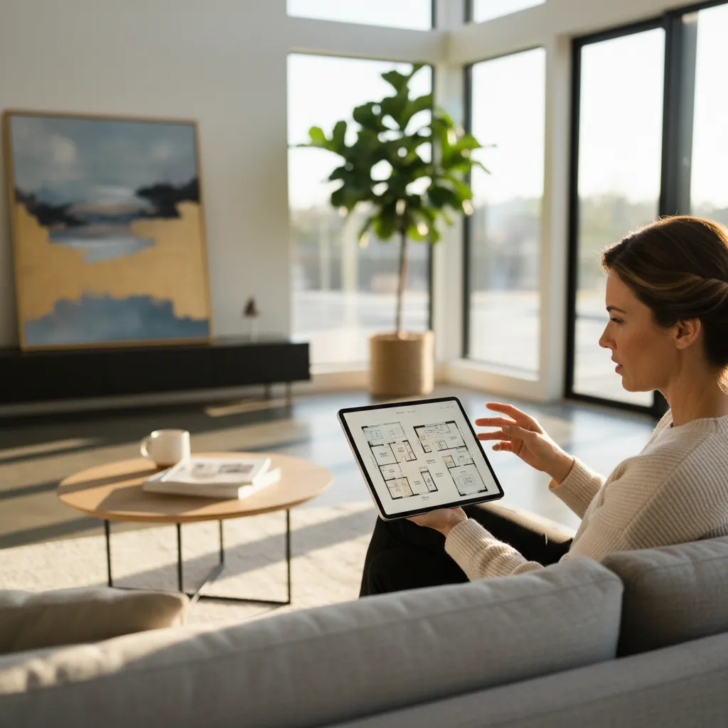Persona revisando diseño de interior en tablet con plano de casa