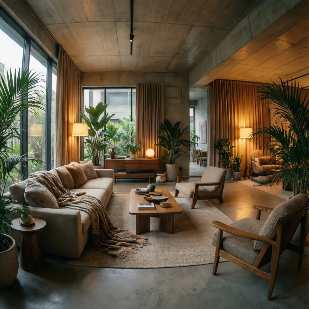 Interior contemporáneo con suelo de hormigón y decoración cálida