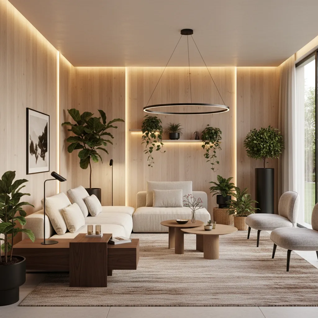 Sala de estar con iluminación bien diseñada y materiales naturales