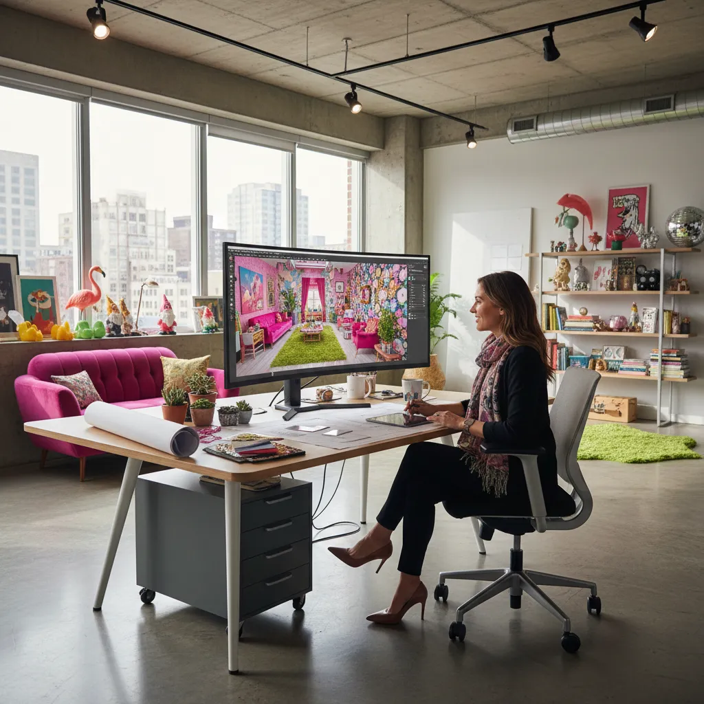 Diseñador planificando un interior colorido estilo kitsch en un software 3D.