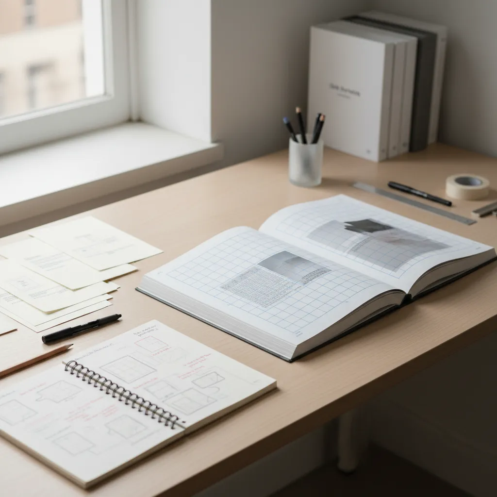 Wooden desk with open interior design book showing room layouts next to pencils and notebooks