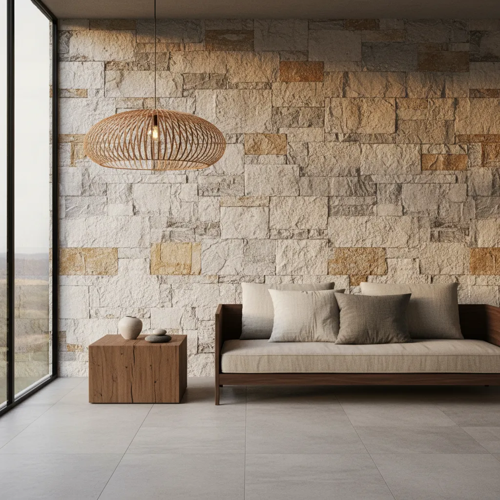 Interior con piedra, madera y textiles naturales