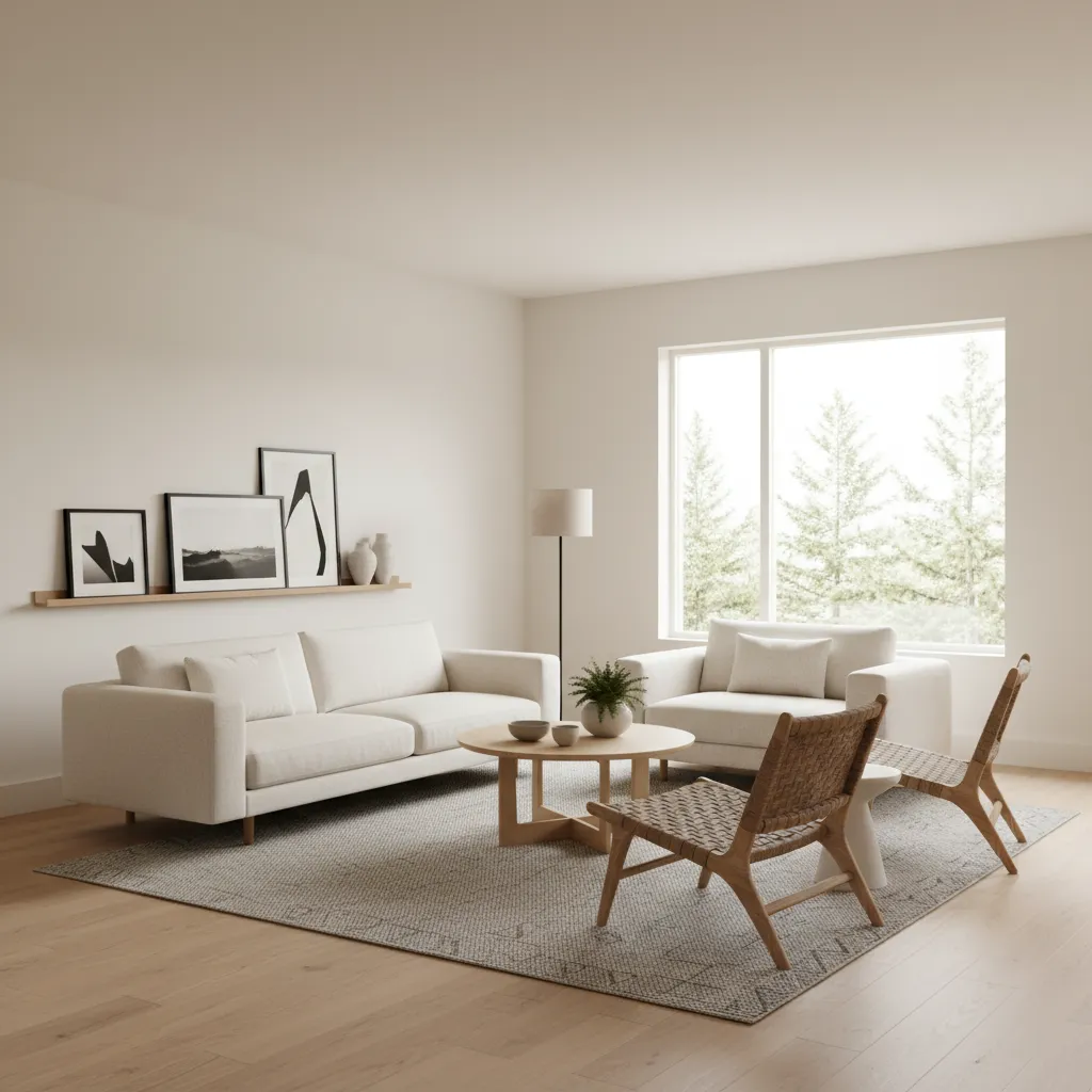 Bright minimalist living room with white sofa wooden coffee table woven chairs and large window
