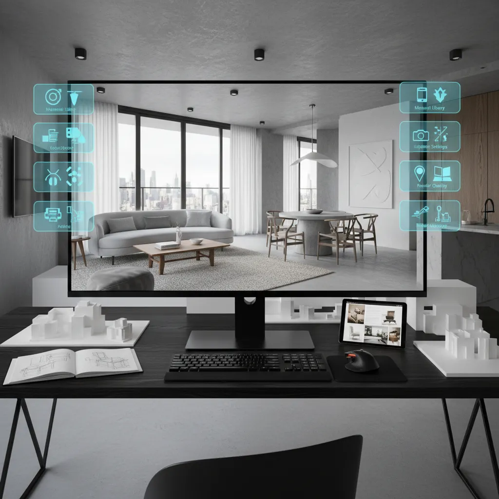 Visualización 3D de un diseño interior en una pantalla de ordenador