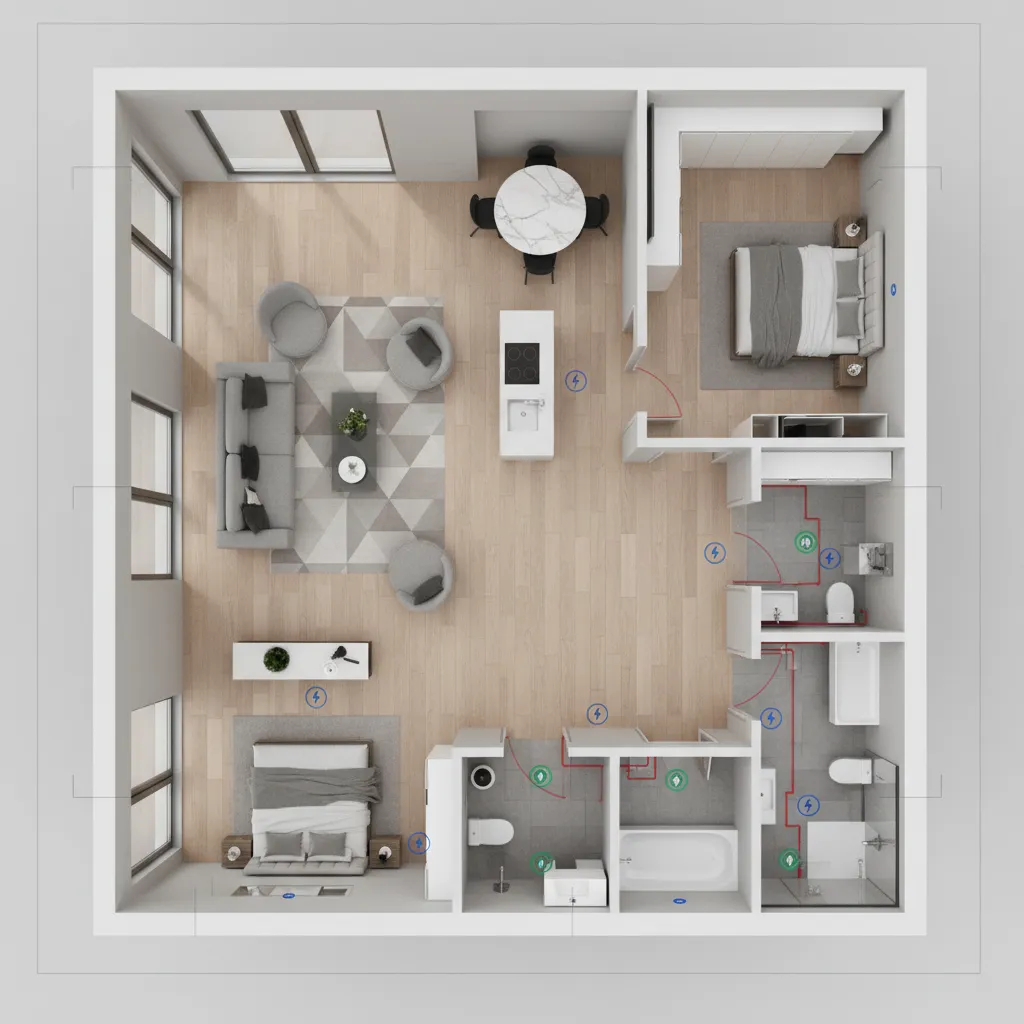 Visualización 3D de distribución interior con instalaciones