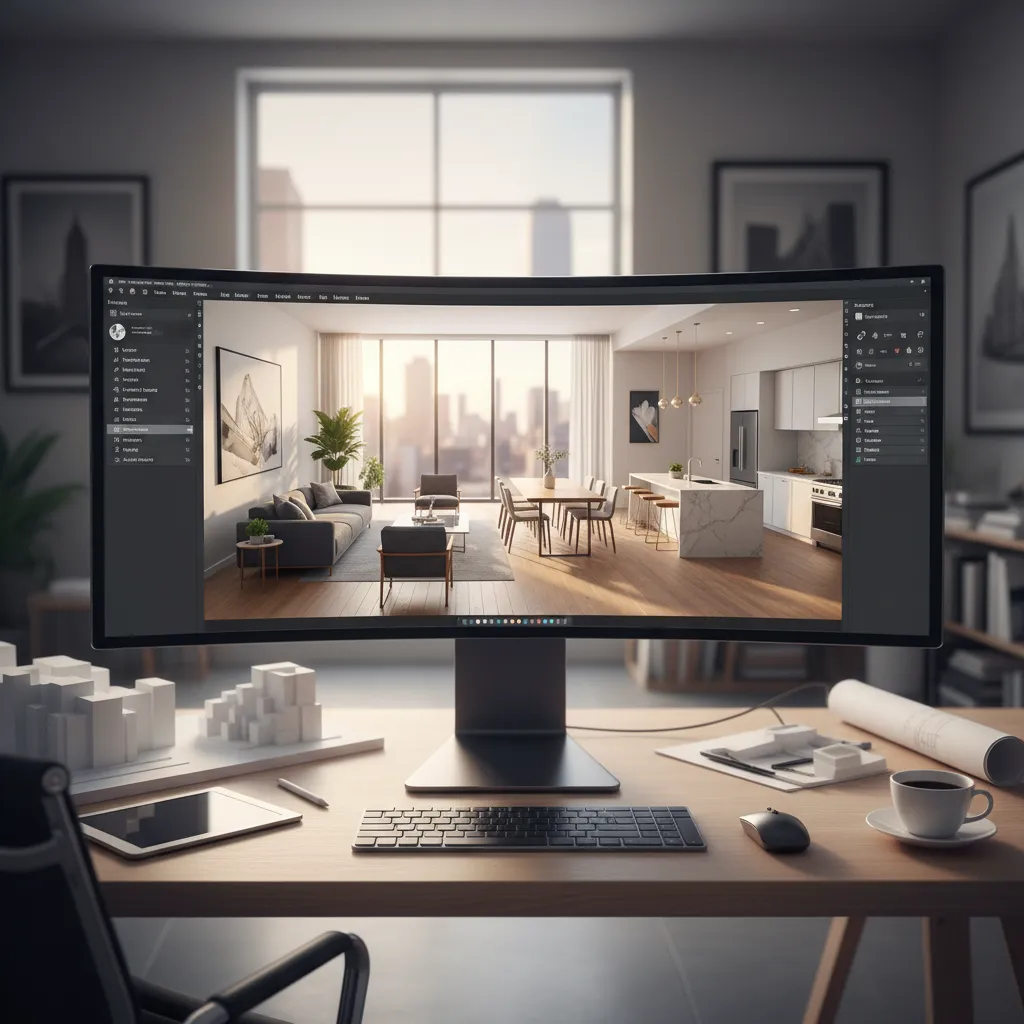 Pantalla de ordenador mostrando modelo 3D de un apartamento