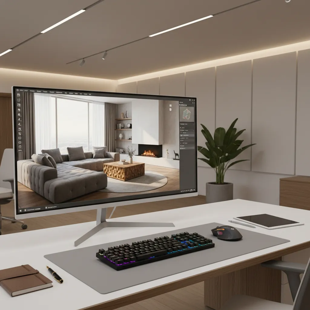 Pantalla mostrando un modelo 3D de una sala diseñado en software de interiorismo