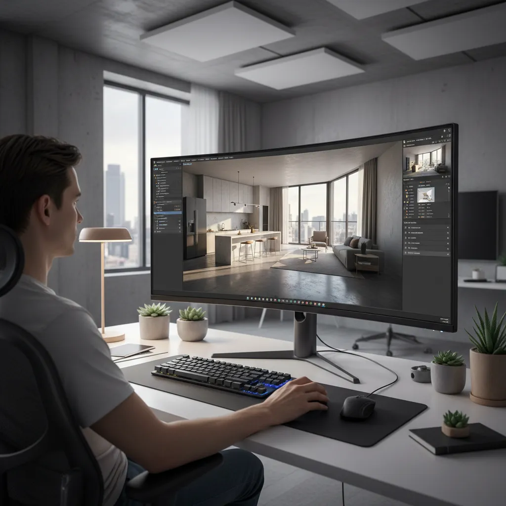 Pantalla mostrando un modelo 3D detallado de un apartamento en proceso de diseño