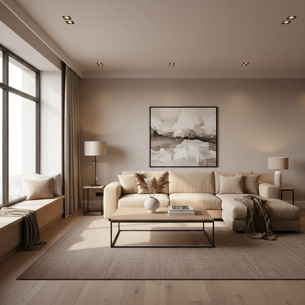 Modern living room with beige sofa wooden coffee table large window seat and ceiling lights