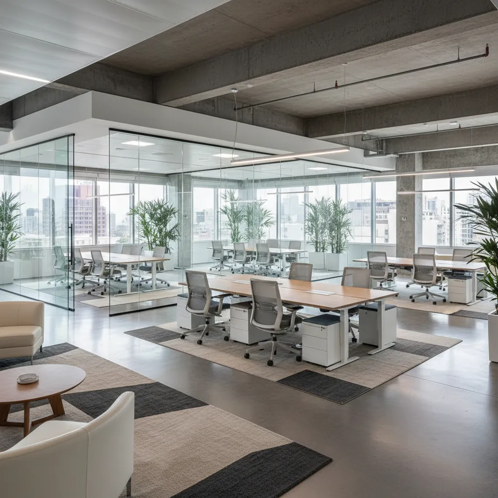 Modern open office with glass walls, wooden desks, grey chairs, concrete ceiling, and large windows