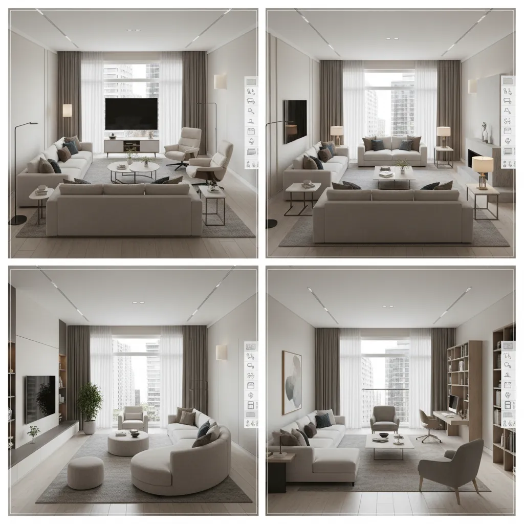 Pantalla mostrando diferentes distribuciones de muebles en un salón digital