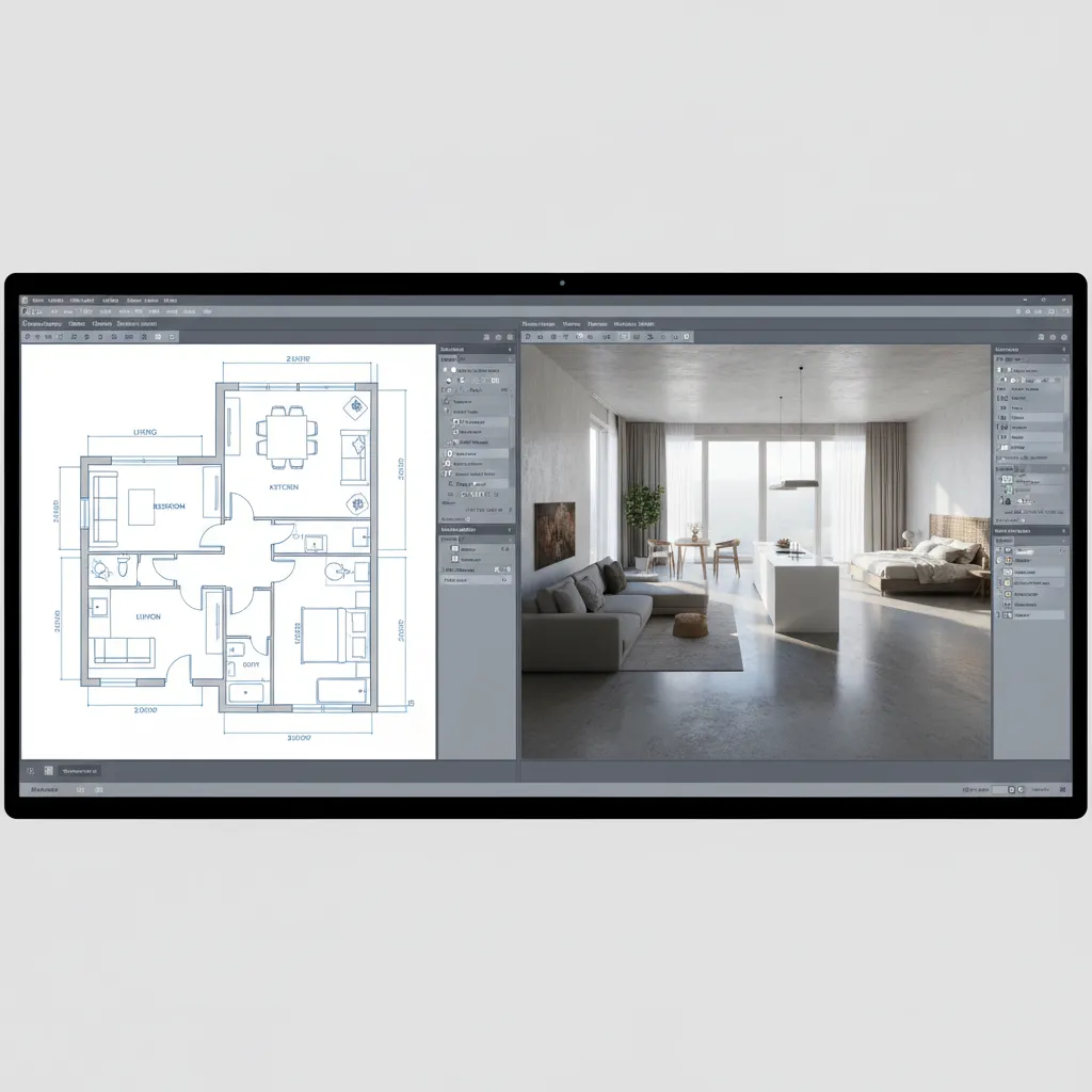 Split screen showing 2D room layout and 3D interior design drawing of an open apartment
