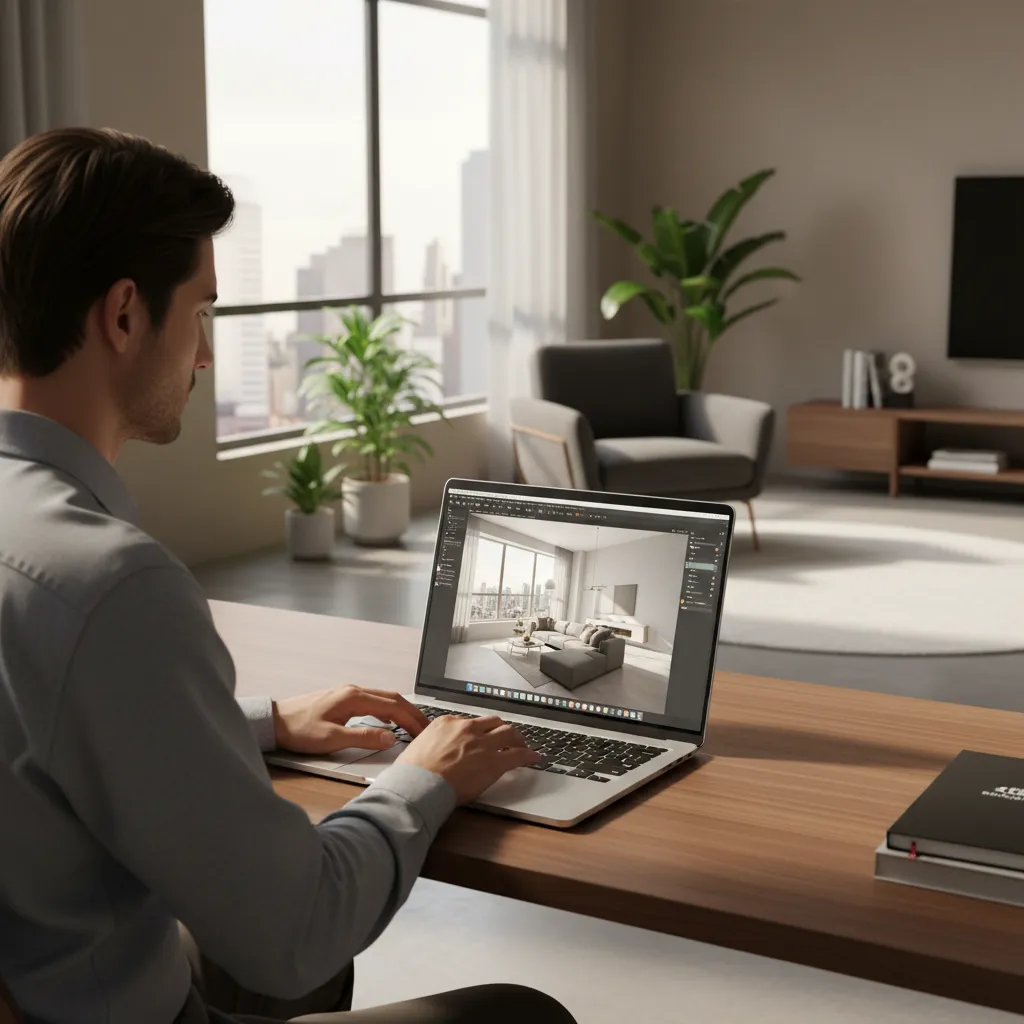 Persona trabajando en diseño interior 3D desde un ordenador portátil