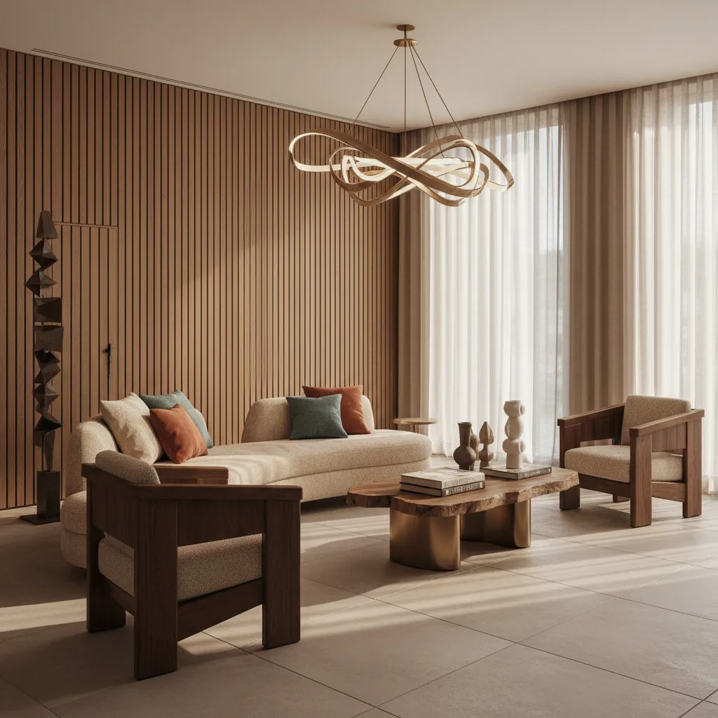 Modern living room featuring wood wall panel, large sofa, wooden chairs, and unique ceiling light