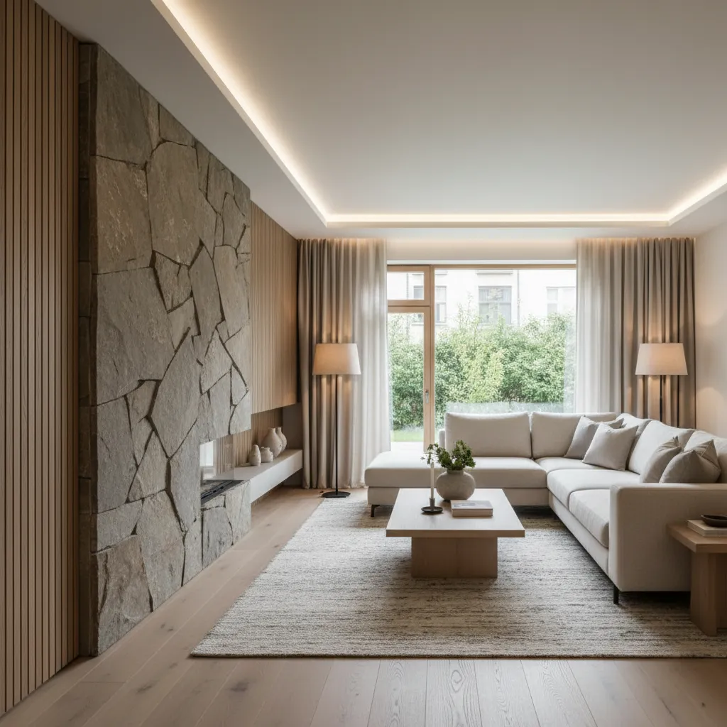 interior moderno combinando piedra decorativa y madera