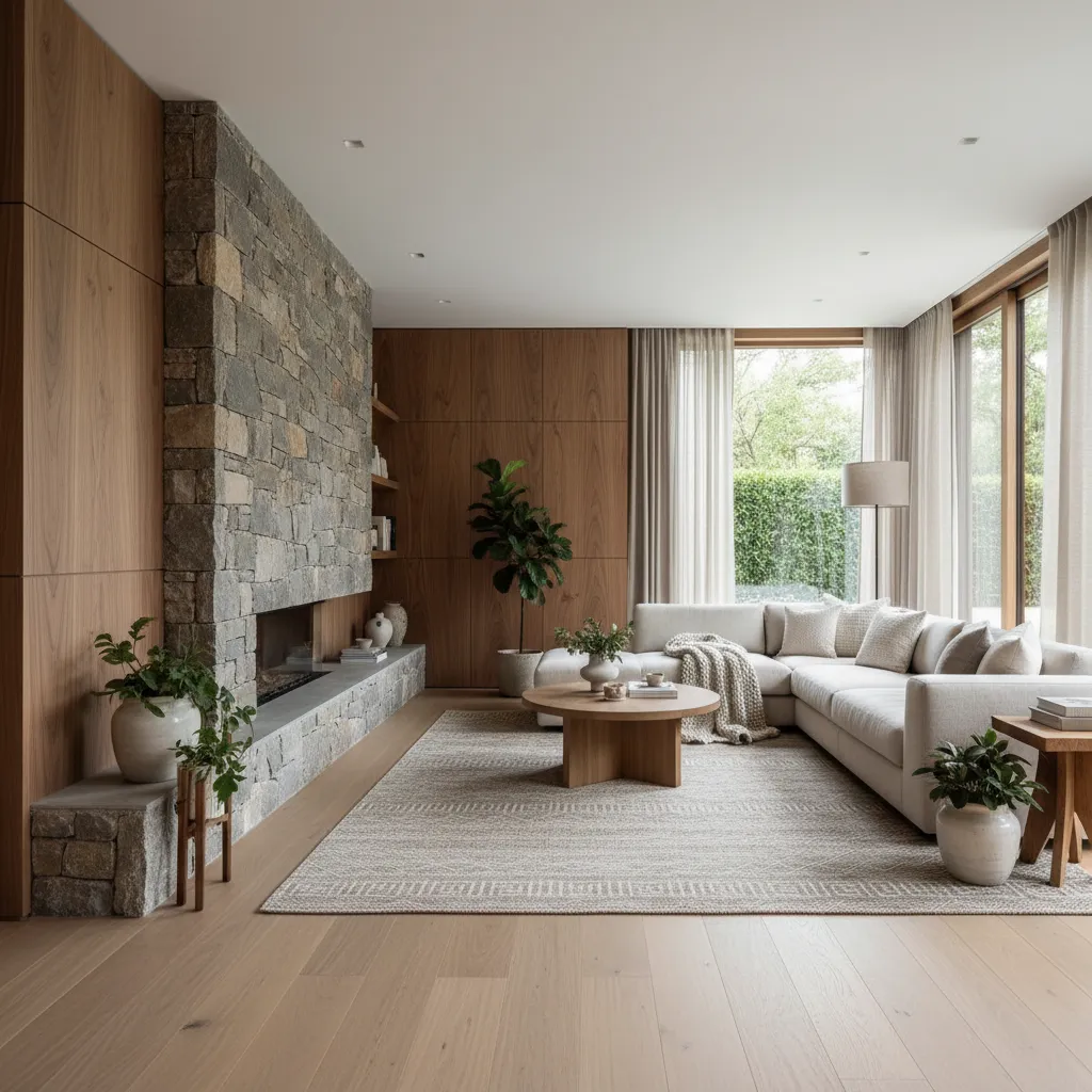 Interior moderno combinando piedra natural y madera