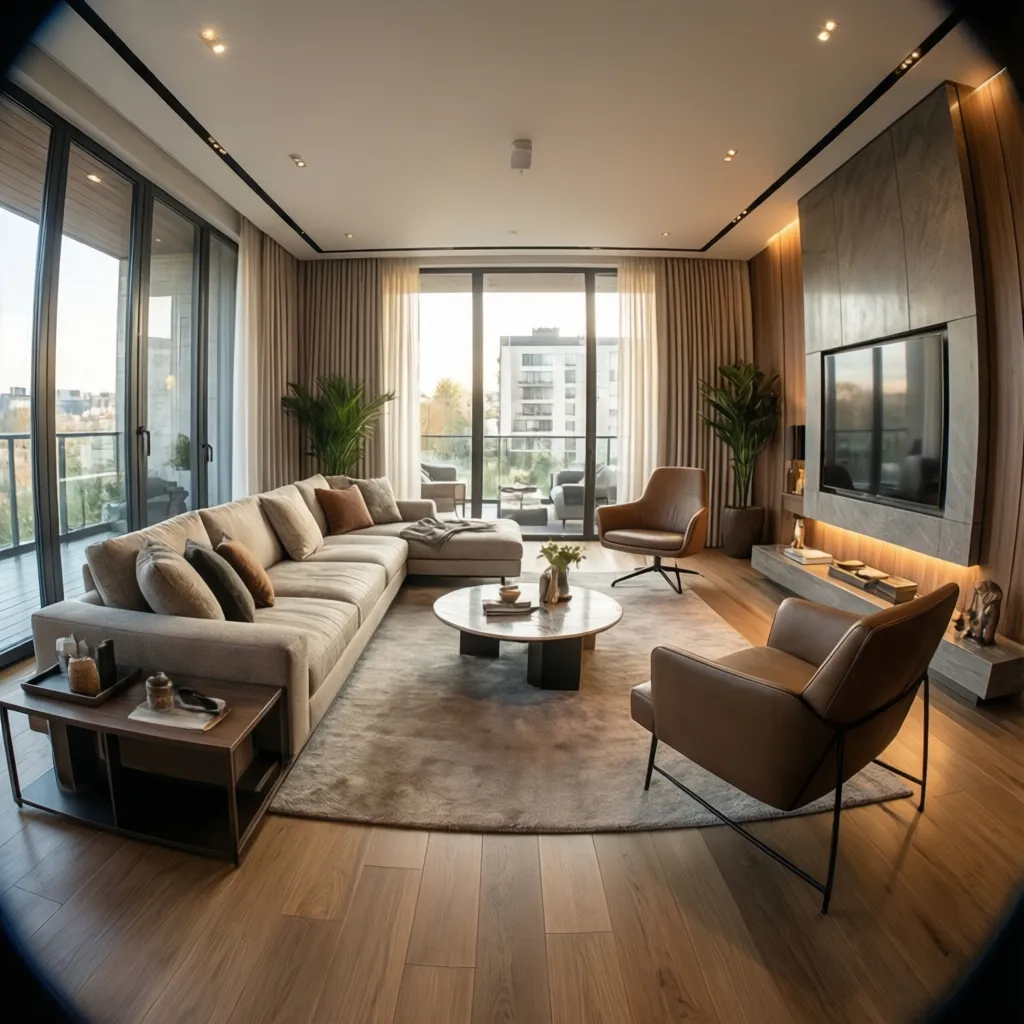 Spacious living room featuring large sofa, leather armchairs, marble coffee table, and big glass windows