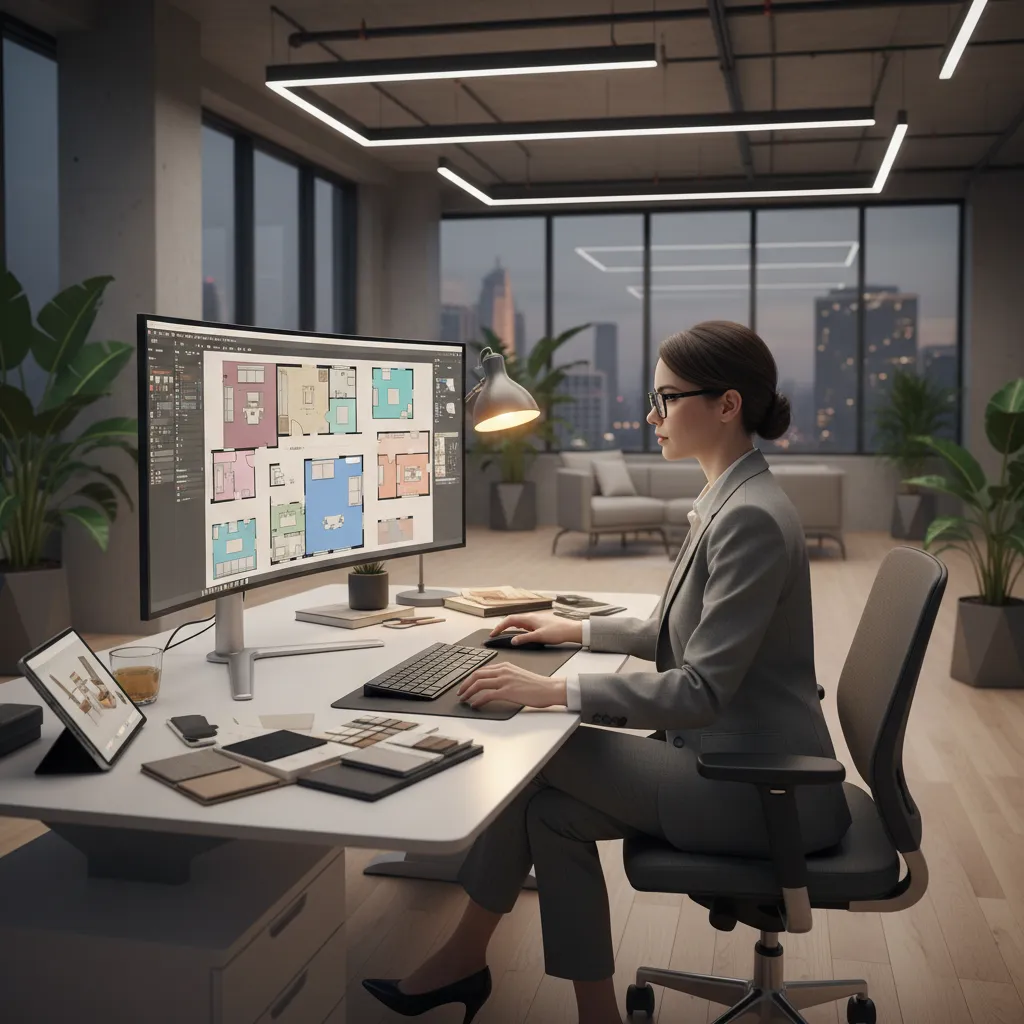 Diseñador de interiores trabajando con plano digital de vivienda