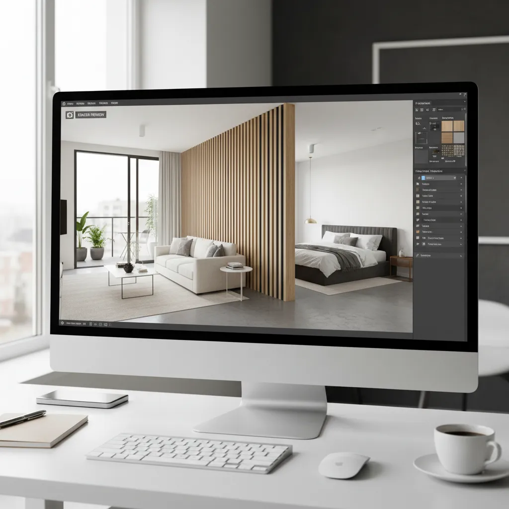 Diseño de pared con listones visualizado en un software de diseño interior 3D